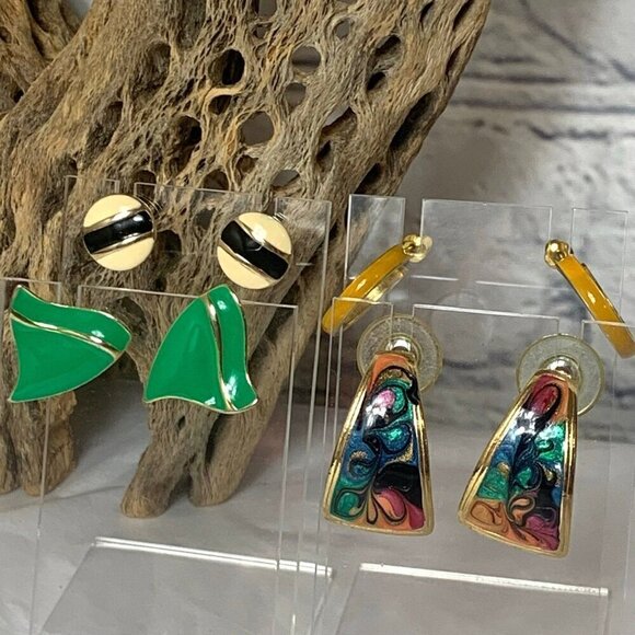 Vintage Enamel Post Earrings 4 Pair - Picture 1 of 6